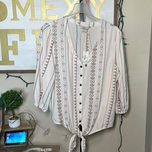 BOB Timberlake Embroidered Stripe Short Sleeve Boho Tie Waist Shirt NWT M